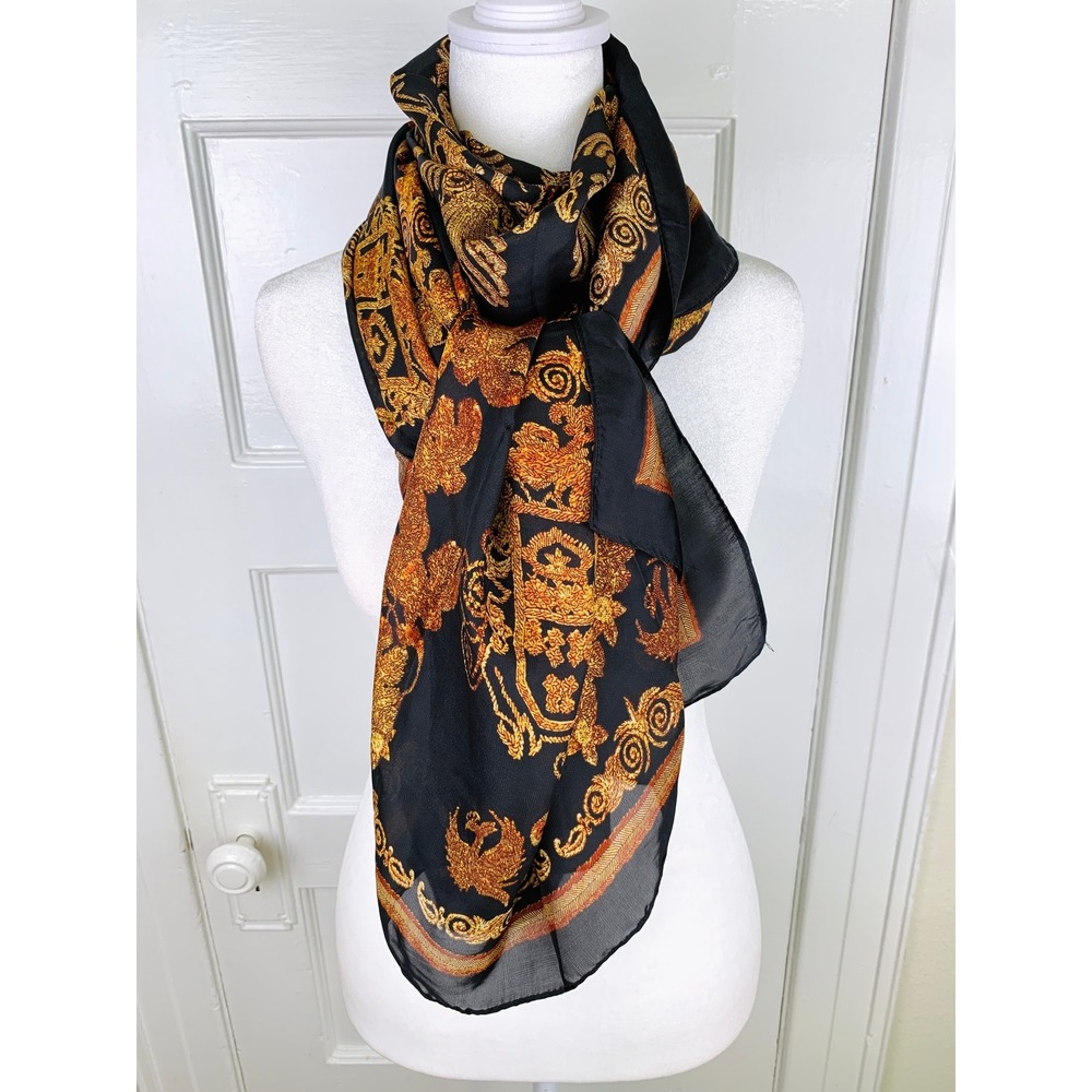 Black and Gold Baroque Rectangular 36x72 Scarf Gryphon Semi Sheer Lightweight